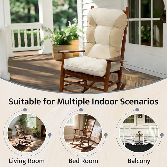 mudilun Rocking Chair Cushion Non-Slip Indoor Adirondack Chair Cushions with Ties Tufted Adirondack Chair Pads for Bedroom Living Room Porch Rocker (Indoor-Khaki-White)