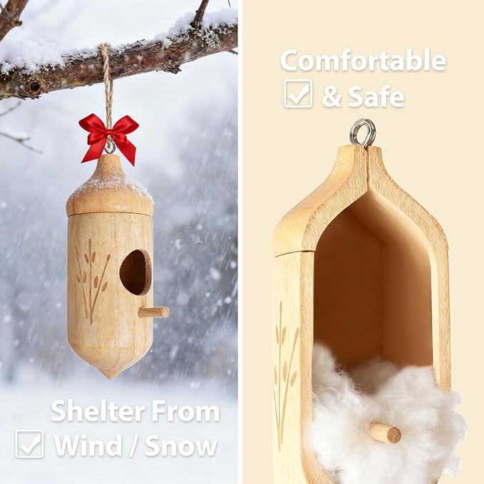 Hummingbird House, Wooden Hummingbird Houses for Outside Hanging, Humming Bird Nest Swinging, Wooden Bird Houses with Cotton, Bow, String, Gardening Gifts Decoration (3 Pack)