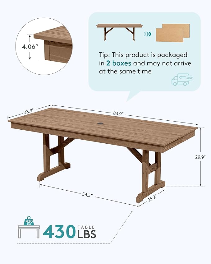 SERWALL Outdoor Dining Table, 84" Rectangular Dining Table for 6-10 Person, All Weather HDPE Outdoor Furniture for Backyard, Garden, Brown