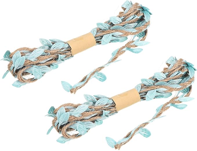 PATIKIL 6.6ft 5mm Burlap Leaf Ribbon, 2 Pack Braided Decoration Vine Natural Jute Rope Twine with Artificial Leaves for Jungle Wedding Party Home Garden Decor, Sky Blue