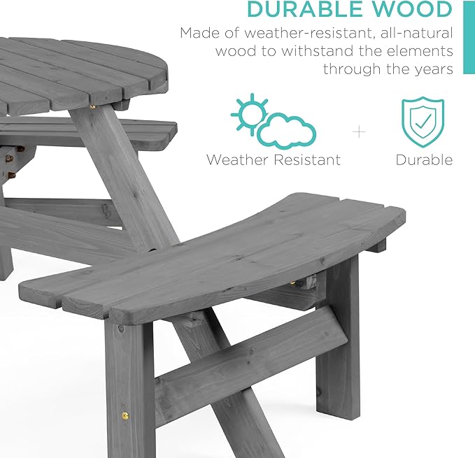 Best Choice Products 6-Person Circular Outdoor Wooden Picnic Table for Patio, Backyard, Garden, DIY w/ 3 Built-in Benches, 500lb Capacity - Gray