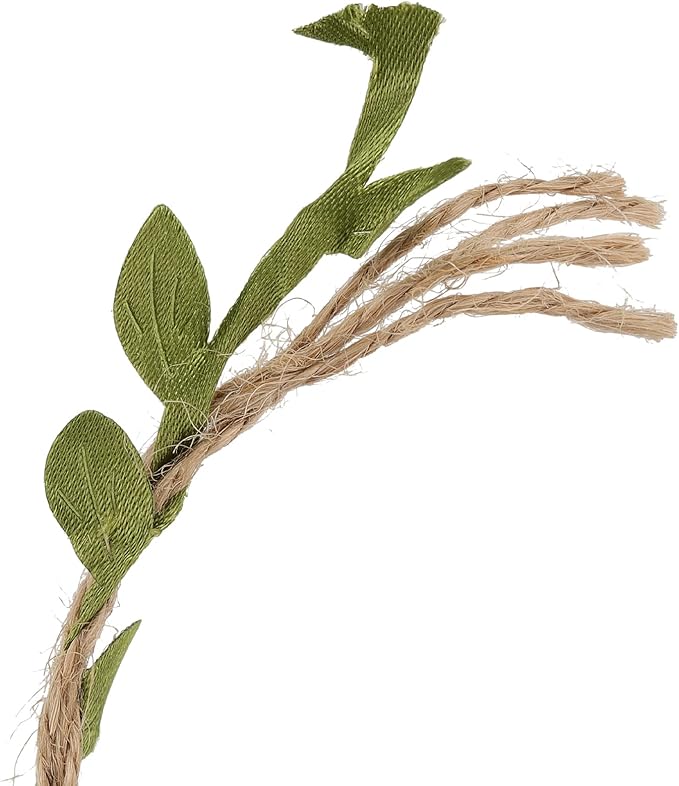KEILEOHO 196Ft 5MM Burlap Leaf Ribbon, 6 Rolls 33 Ft Natural Jute Twine Rope,Jute Twine with Green Leaves Ply Braided Burlap Ribbon Artificial Leaves Vine Rope for Wedding, Party, Garden Decor