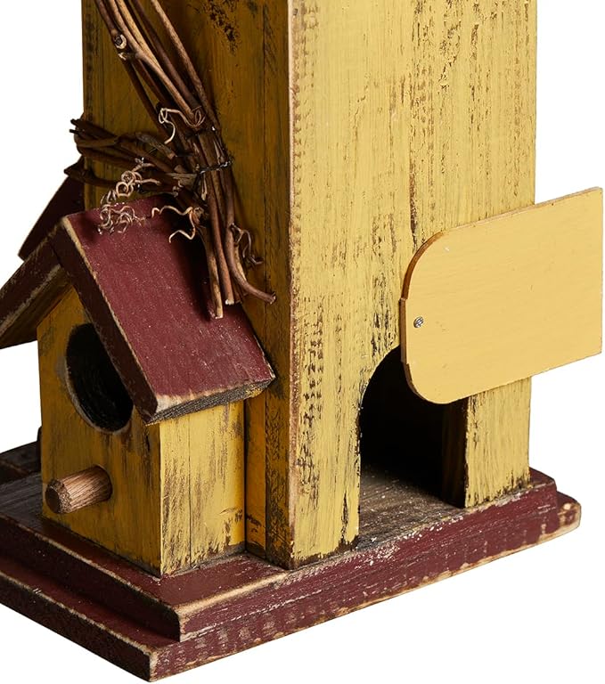 Glitzhome Bird Houses for Outside, Decorative Bird House,11.5"H Distressed Solid Wood Hanging Birdhouses for Outdoors, Hummingbird House Bird Cottage with Rattan for Outdoor Patio Garden,Washed Yellow