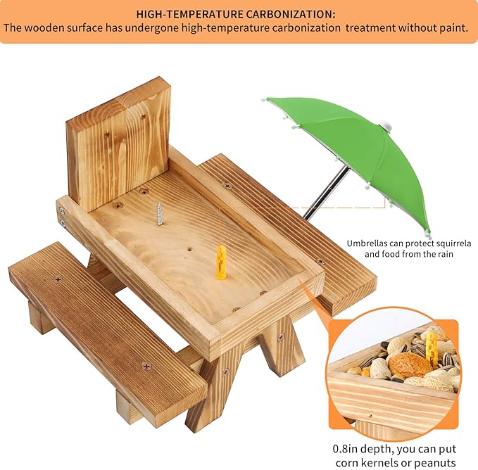 Gnodary Squirrel Feeder with Umbrella, Squirrel Feeders for Outside, Squirrel Picnic Table Feeder - Chipmunk Feeder Hold Corn, Corn Cob, Peanuts (Green)