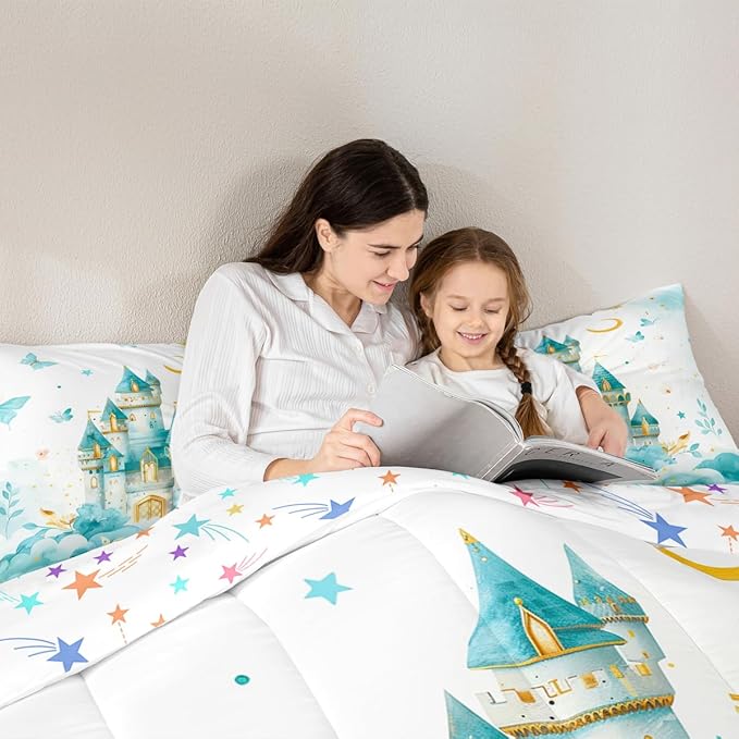 Erosebridal Princess King Comforter Set for Girls Kids - Castle Butterfly Bedding Sets, Girly Coquette Butterflies Bed Set | Moon and Stars Aesthetic Room Decor with 2 Pillowcases