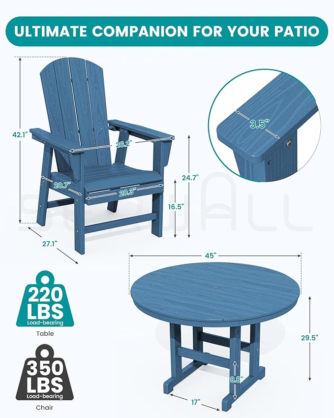 SERWALL Outdoor Adirondack Dining Chair Set of 2, All Weather HDPE Patio Chairs, Navy