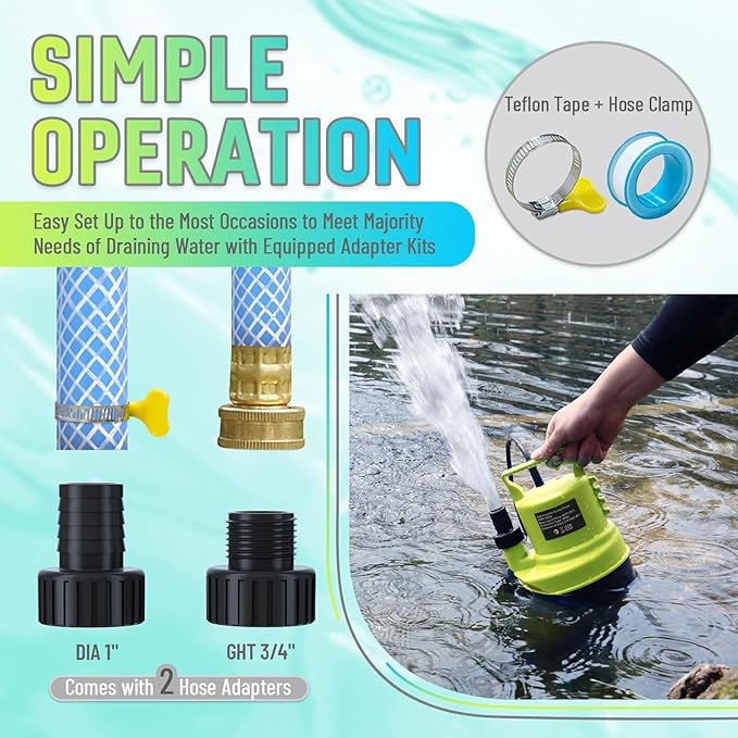 1/2 HP Submersible Water Pump 2900 GPH Portable Small Sump Pump For Pool Cover, Basements, Puddles, Gardens Ponds With 16.4 Ft Power Cord and Hose Adapters, Light Yellow