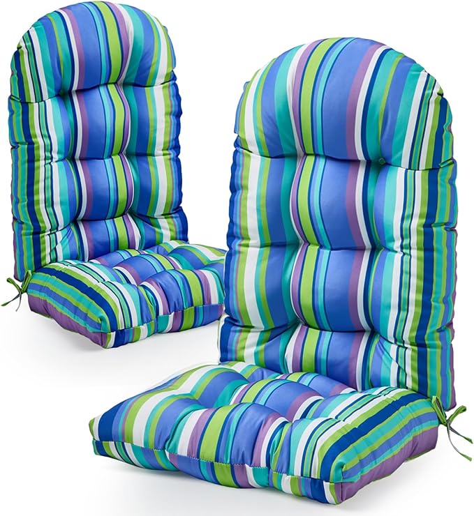 Adirondack Chair Cushion, High Back Patio Cushions with Adjustable Ties, 48.8x20.4x4.3, Waterproof Tufted Pillow, Fade Resistant Seat Rocking Chair Cushion for Indoor/Outdoor, Stripe Blue, 2