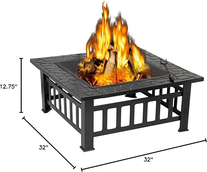 ZENY 32 inch Outdoor Fire Pit with Grill for Outside Wood Burning, Square Metal Outside Fireplaces, Spark Screen and Poker Included for Backyard Patio Camping Bonfire