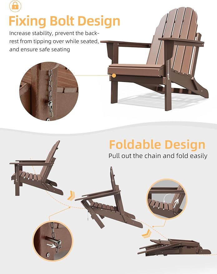 Folding Adirondack Chair - Durable HDPE Poly Lumber All-Weather Resistant, Foldable Oversized Balcony Porch Patio Outdoor Chair for Lawn, Backyard, Deck, Garden, Camping - Easy Installation, Teak