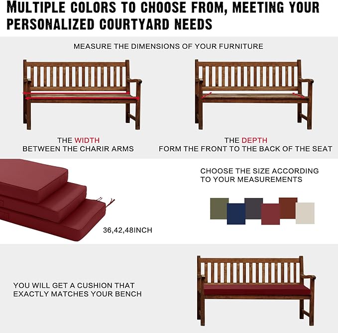 Outdoor Bench Cushion 4 inches Memory Foam Waterproof Patio Furniture Bench Cushion Porch Swing Cushion with Handle and Adjustable Strap, 48 x 18 Inch Burgundy