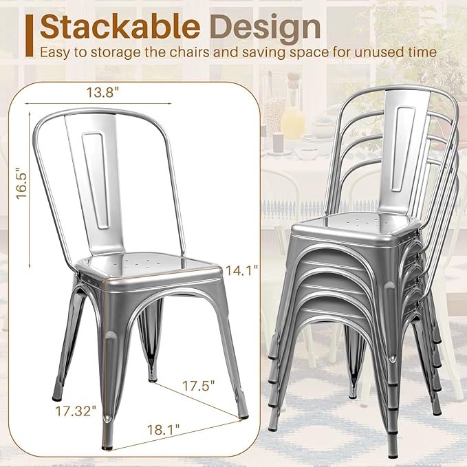 Furmax Metal Dining Chair Indoor Outdoor Use Stackable Classic Trattoria Chair Chic Dining Bistro Cafe Side Metal Chairs Set of 4 (Sliver)