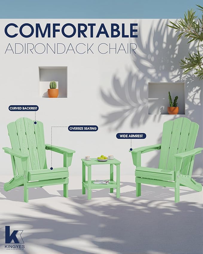 KINGYES Folding Adirondack Chair Set of 6, HDPE All-Weather Folding Adirondack Chair, Light Green