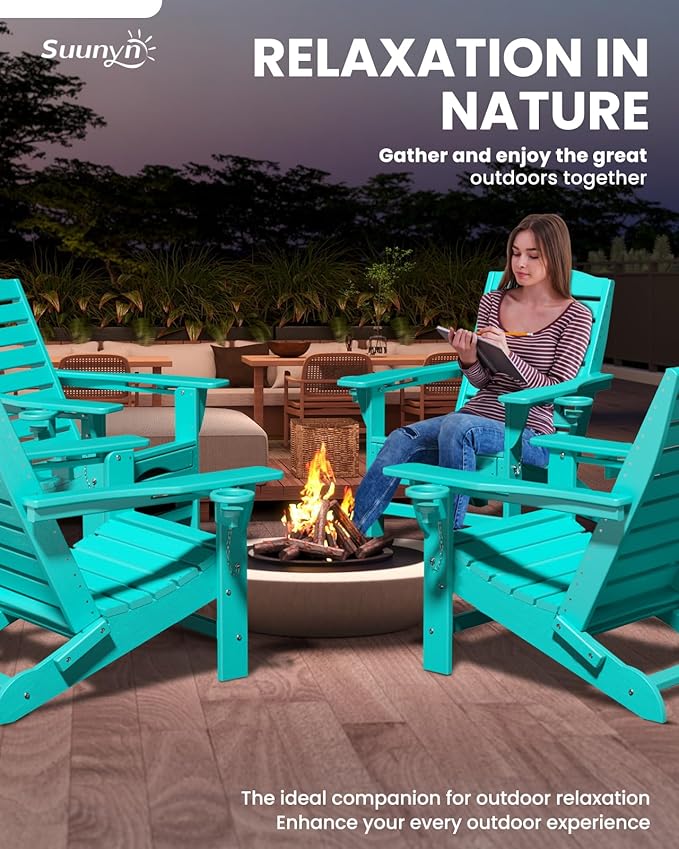Folding Adirondack Chairs Set of 2,Adirondack Chair with Retractable Ottoman,Plastic Adirondack Chairs with 2 Cup Holder,Weather Resistant Patio Chair,Outdoor Chairs Set of 2(Lake Blue)