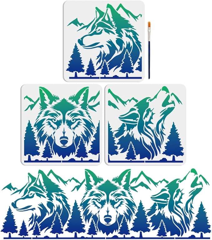 MAYJOYDIY Wolf Mountain Forest Stencils, 33x10 inch, 3 Piece Set with Paint Brush, Drawing Template for Wall Craft