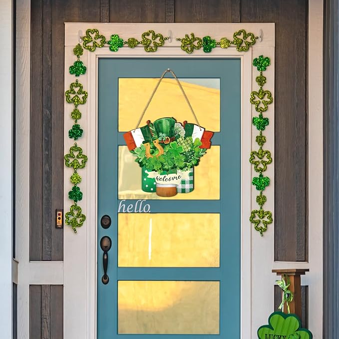 Karenhi Wooden St. Patrick's Day Decoration Shamrock Clover Welcome Wooden Door Sign Irish Door Hanger Spring Summer Hanging Decorations Farmhouse Porch Decor for Home Outdoor Housewarming
