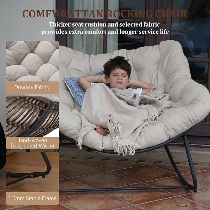 Rocking Papasan Chair, Oversized Outdoor Rocking Chair Rattan Rocking Chair with Deep Seat Thick Cushion, Patio Rocking Chair for Indoor/Porch/Garden (Beige & Black)