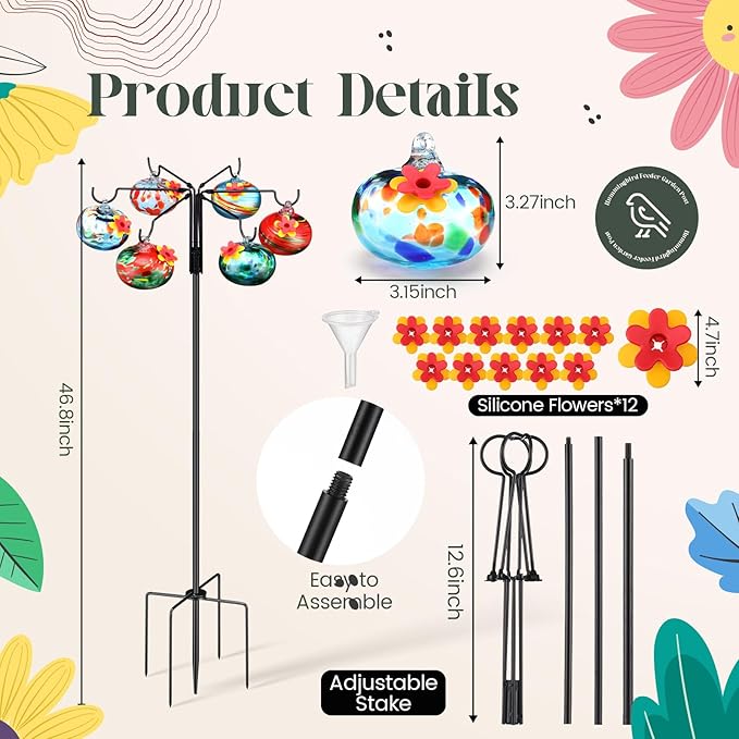 Chunful Hummingbird Feeders for Outdoors Hanging (6 Feeding Stations) Hand Blow Glass Hummingbird Feeder with Shepherd Hook and Adjustable Hight Bird Feeder for Outside, Home Garden Yard, Never Leak