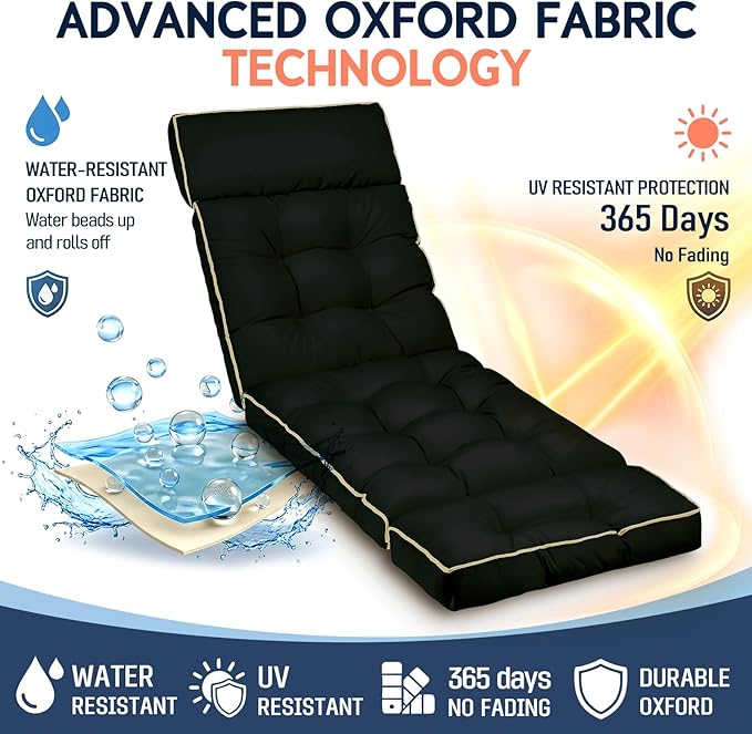 MAGIC ELEPHANT Chaise Lounge Cushion Outdoor, Memory Foam Patio Lounge Chair Cushion with Ties for Indoor Outdoor Furniture, Waterproof Replacement Long Chair Cushion (Black)