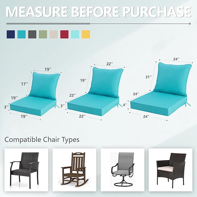 22x22 Inch Patio Chair Cushion with Removable Cover, Outdoor Furniture Cushion - Water-Repellent, Fade-Resistant, Non-Slip Bottom & Straps, Replacement for Lawn, Porch & Deck Chair - Teal