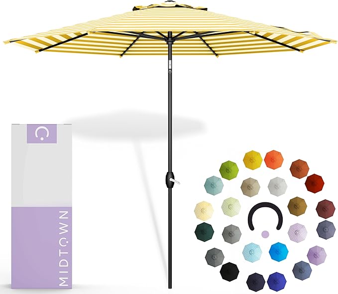 Midtown Umbrellas - 10-Year-No-Fade 6 Ft Patio Umbrella with Terylast Fabric, Auto-Tilt Aluminum Frame and 8 Reinforced Ribs for Deck, Pool, Garden & Beach - Sunny Stripes Canopy, Black Pole