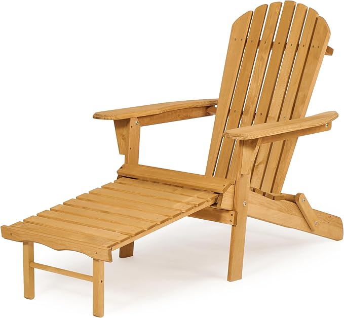 Outdoor Wooden Folding Adirondack Chair with Retractable Ottoman, Wood Patio Chair with Footrest for Garden Backyard Porch Pool Deck Firepit