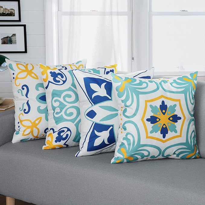 Pyonic Outdoor Waterproof Throw Pillow Covers Set of 4 Floral Printed and Boho Farmhouse Outdoor Pillow Covers for Patio Funiture Garden 20x20 Inch Blue