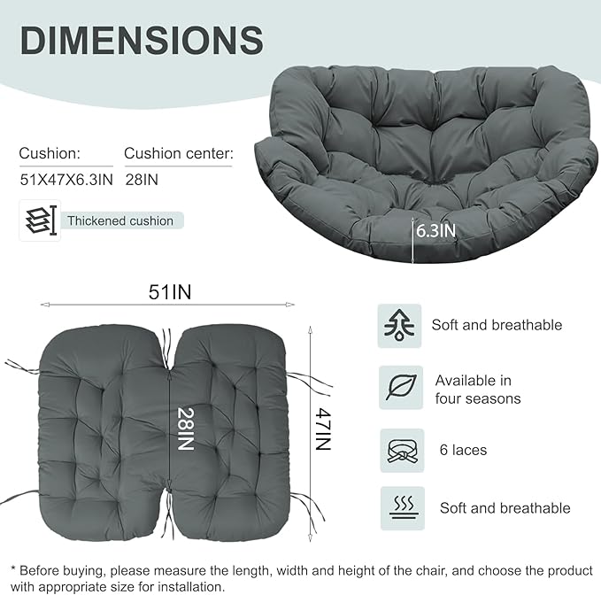 Outdoor Rocking Chair Cushion – Waterproof Wicker Egg Chair Replacement Pad, Thick Papasan Seat Cushion with Ties for Indoor & Outdoor Patio, Porch, Balcony, or Garden (Dark Gray)