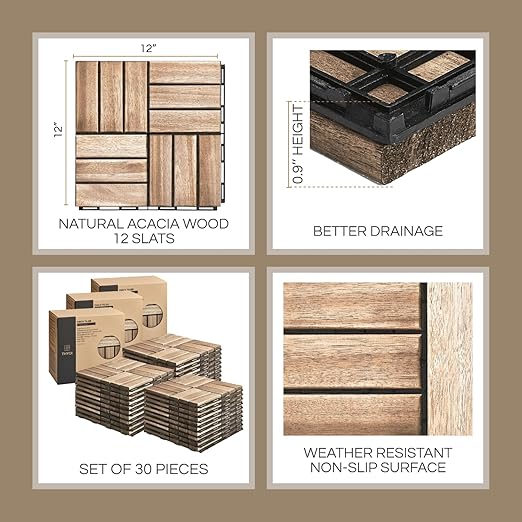 30 Pcs Deck Tiles, Patio Flooring - Outdoor Waterproof Acacia Wood Tiles for All Weather Use - Balcony, Backyard, Indoor & Outdoor (White Crossed Pattern, 30 Square Ft)