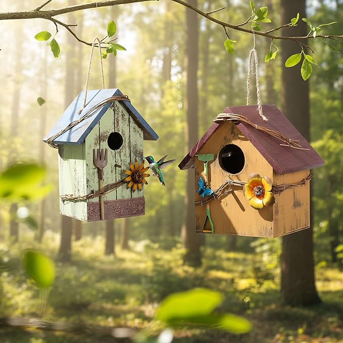 2 Pcs Decorative Birdhouse for Yard Outside Hanging Wooden Birdhouse Hand Painted Bird Box for Bird Lovers Bluebird Tree Swallow Wild Chickadee Garden Decor(Blue,Yellow,Wooden Roof)