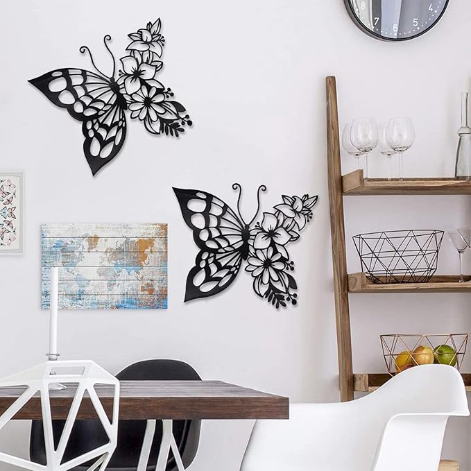 EZ4ENCE 2PCS Butterfly Decoration Wall Art Boho Wall Home Decor Hanging Appearance Wall Decor Metal Hanging Butterfly Decor Flower Wall Art for Bedroom Living Room Home Wall,Black(Large)