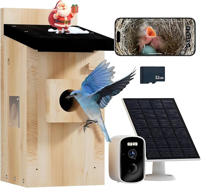 Bird House with Camera Solar Powered,5MP HD Smart Bird Watching Camera for Birdhouse,2.4G WiFi Nesting Box for Bluebird,Identify Behavior,App Control,32 SD Storage,Ideal Gift for Bird Lovers