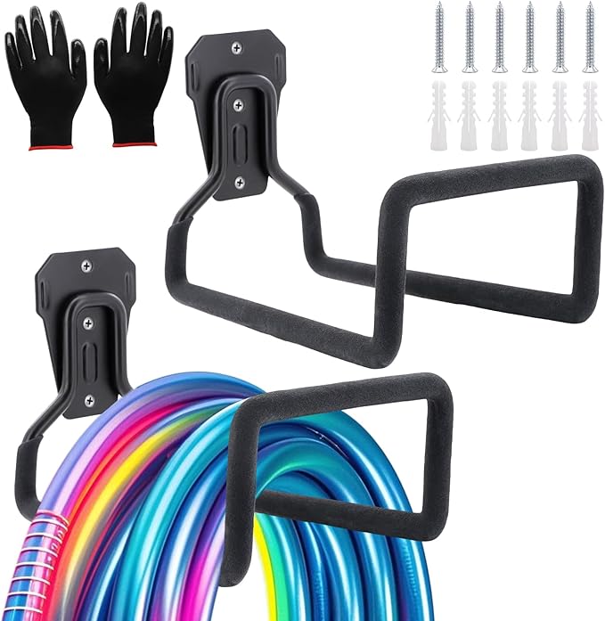 2 Pack Garden Hose Holder, Hose Reel Heavy Duty Hose Hanger, Wall Mounted Water Hose Holder Outdoor/Indoor Metal Durable Hose Hooks Ideal for Water Hose Storage Garden Yard Hold Max 154 Lbs- Black