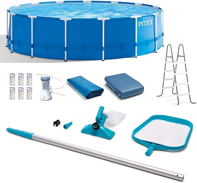 Intex Metal Frame 15' x 48" Round Above Ground Swimming Pool Set with Filter Pump, Ladder, and Cover with Maintenance Accessory Vacuum and Skimmer Kit