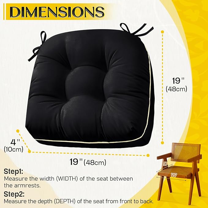 Outdoor Chair Cushions Set of 2, Outdoor Cushions for Patio Furniture and Wicker Chair, Memory Foam Patio Seat Cushion Pads with Ties, 19 x 19 Inch (Black)