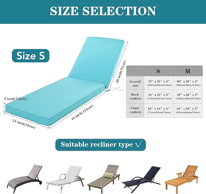 Chaise Lounge Cushion Outdoor, Waterproof and Stain-Resistant Lounge Deck Reclining Chair Cushions for Patio Furniture Lawn Pool Resort Hotel, 80x26x3 Inch, Set of 4, Light Blue