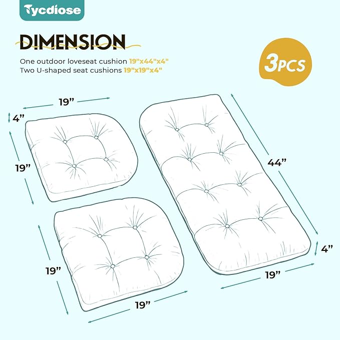 All Weather Outdoor Wicker Chair Cushions of 3 Pieces, Waterproof Outdoor Wicker Chair Cushion for Patio Furniture Loveseat Settee Bench, 1 Loveseat and 2 U-Shaped Thickened Cushions, Teal