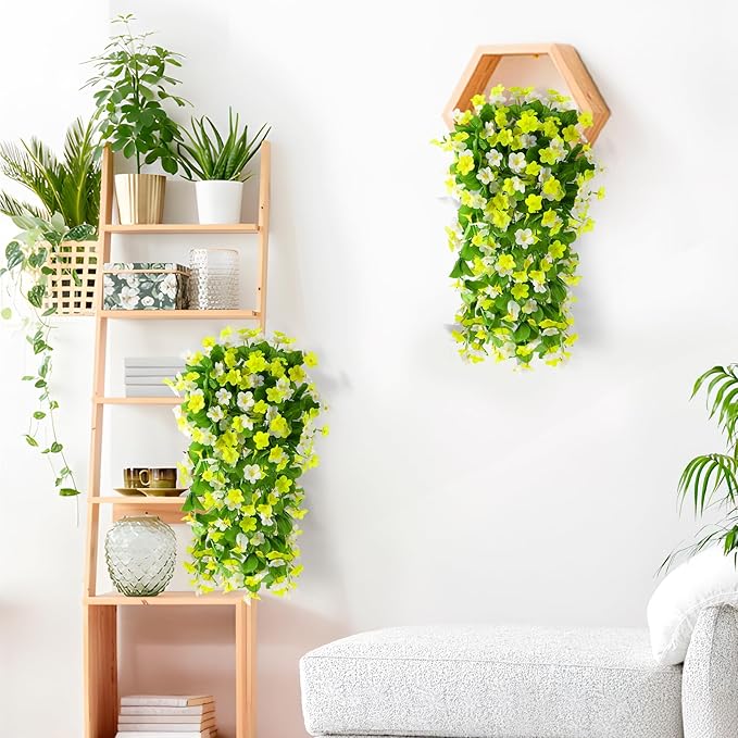 2 Pack Artificial Hanging Flowers, Fake Flowers Hanging Plant Violet Flower, Artificial Faux Silk Spring Flower for Wall Front Door Yard Garden Wedding Outdoor Decoration(Yellow White)