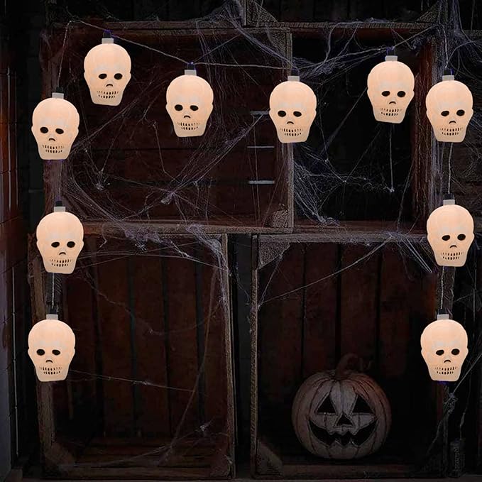 Halloween Skull String Lights, 8.5Ft Outdoor Halloween Decorative Lights with 10 White Ghost Head, Connectable Hanging Skull Lights for Indoor Outdoor Patio Party Holiday Decor, Black Wire