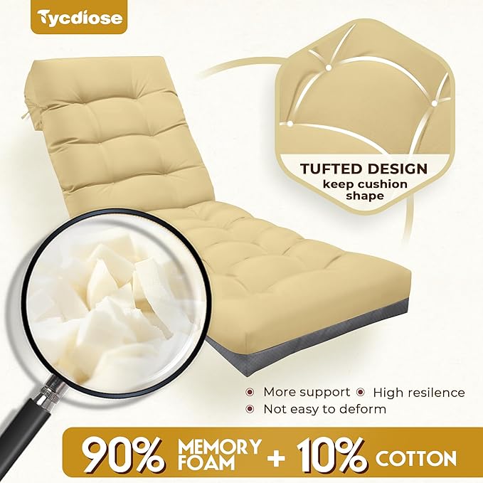 Outdoor Lounge Chair Cushion, Waterproof Replacement Chaise Lounge Cushions for Outdoor Furniture Thickened 71 x 22 x 4.7 Inches Non-Slip Patio Pool Lounge Chair Cushions with Ties (Khaki)