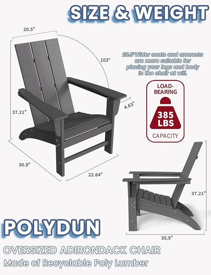 Modern Adirondack Chairs Set of 2, HDPE Plastic Patio Chairs for All Weather, Fire Pit Chair, Outdoor Lawn Chairs for Deck, Porch, Backyard, Garden, Slate Gray