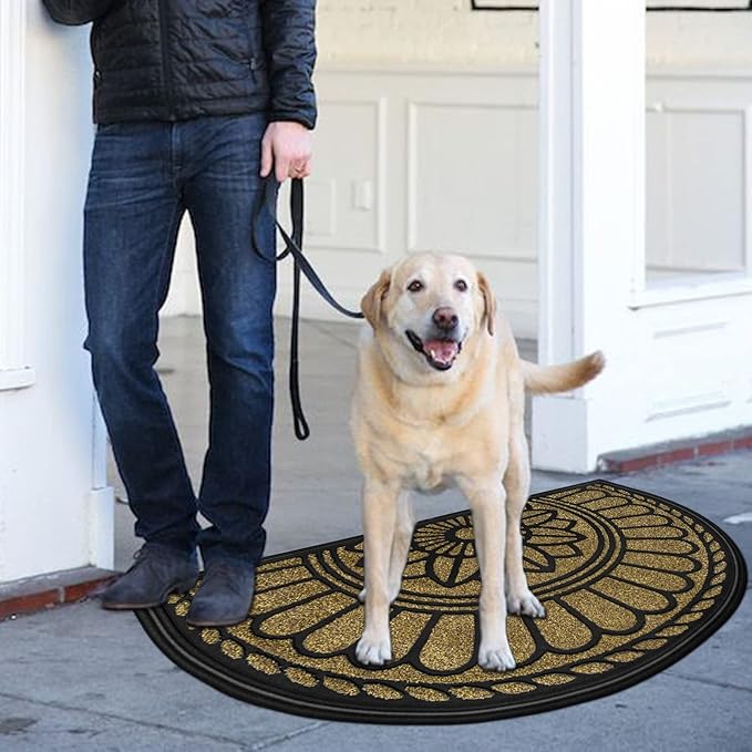 Mibao Half Round Door Mat, Non-Slip Welcome Entrance Way Mat, Durable Rubber Door Mats, Low-Profile Heavy Duty Doormat, Half Circle Mats for Garage, Patio, High Traffic Areas, 23.5" x 35.5", Brown