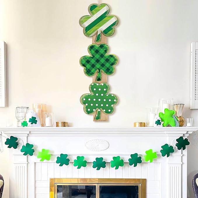 Shamrock St Patricks Day Door Decorations St. Patrick's Day Door Sign Wall Signs Decor for Front Door Shamrock Clover Wood Wreath with Burlap Irish Lucky Hanging Sign for Home Decor Party Outdoor Indoor Supply