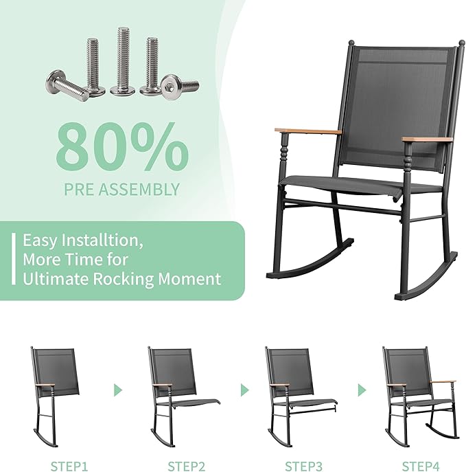 JY QAQA Outdoor Rocking Chair Set of 2, High Back All-Weather Patio Rocking Chairs with Breathable Back Rest for Adult, Ergonomic Design Porch Rocking Chairs for Porch, Garden, Balcony, Pool, Black