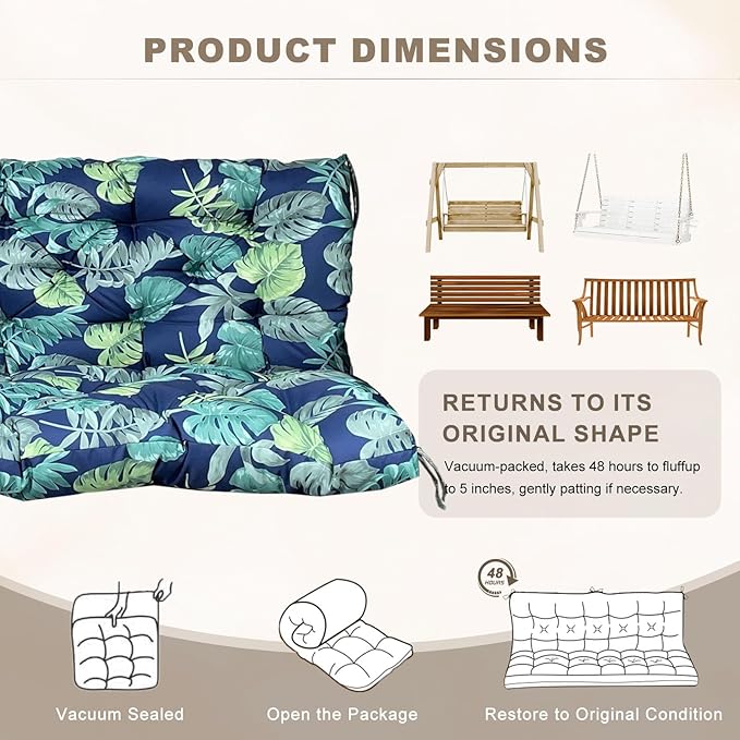 Porch Swing Cushion with Backrest,Waterproof Bench Cushion for Outdoor Furniture,2-3 Seater Replacement Thickened Swing Cushion with Ties,Patio,Outdoor,Backyard and Garden (Floral Navy,40x40")