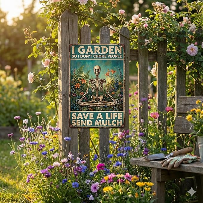 Funny Skeleton Garden Tin Sign - "I Garden So I Don't Choke People" Metal Decor - Meditating Skeleton & Gothic Flowers - Sarcastic Quote for Yard, Fence, Shed - Metal Sign Gift for Gardeners，8x12 inches