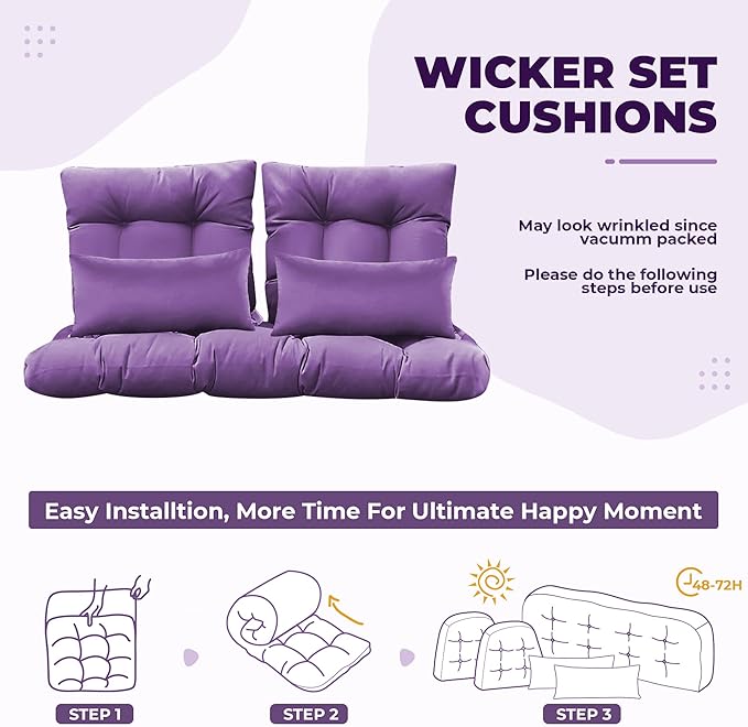 Wicker Chair Cushions of 5 Pieces, Waterproof Outdoor Loveseat Cushion for Wicker Furniture, 1 Love Seat Cushion, 2 U-Shape and 2 Lumbar Pillows for Patio Furniture (Purple)