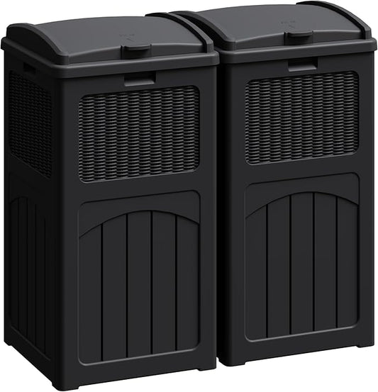 Greesum 33 Gallon Outdoor Trash Can with Lid, Waterproof Resin Garbage Bin for Hideaway, Deck, Patio, 2 Pack, Black