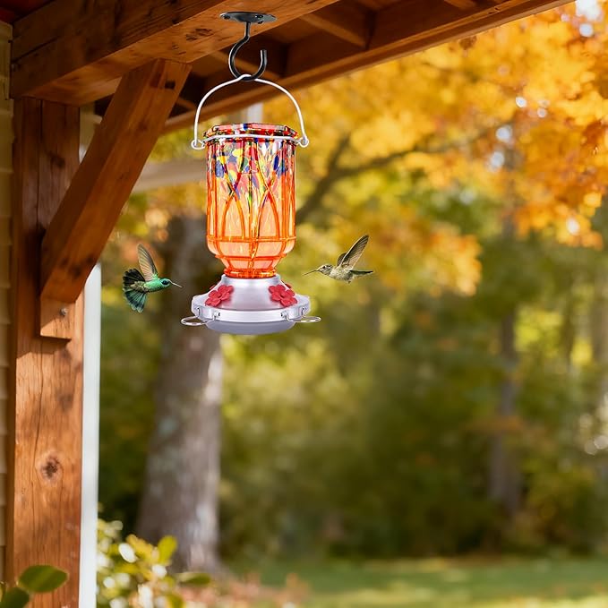 Hummingbird Feeders for Outdoors with Ant Moat, Hand Blown Glass Hummingbird Feeder, 4 Feeding Ports with Perch, Outdoor Garden Décor, 15 OZ, Orange