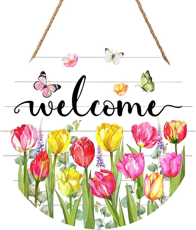 Spring Summer Tulip Flowers Welcome Door Sign For Front Door Decor,Colorful Floral Butterflies Wooden Sign 12"x 12" Round Hanging Door Sign Decoration for Wall Rustic Decor